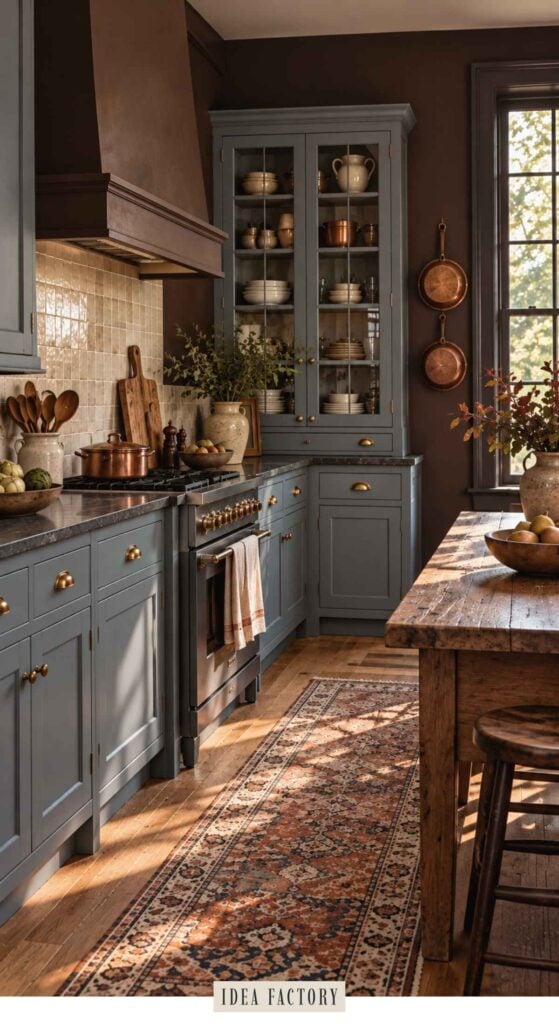 A dark-toned kitchen with blue-grey cabinets, a central range, and a wooden island, featuring a patterned runner rug on the floor for earthy kitchen ideas.