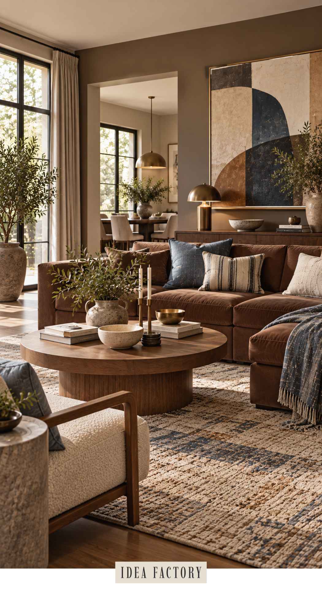Living room featuring a brown sectional sofa, a round wooden coffee table with books and candles, and an abstract wall painting.