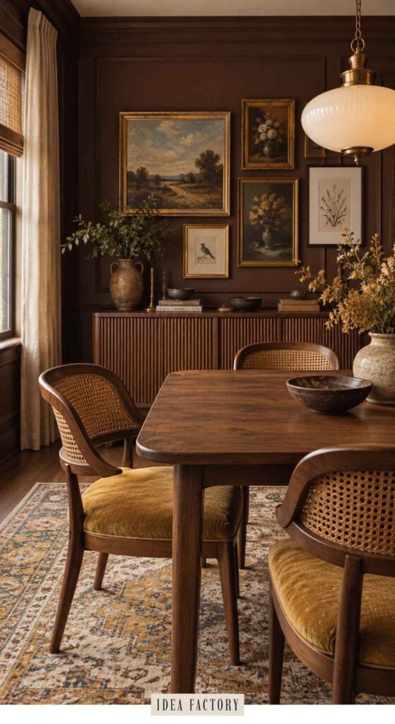 Dining room with a wooden table, two chairs with cane backs and yellow cushions, and a sideboard decorated with framed art, vases, and bowls against a dark brown wall.