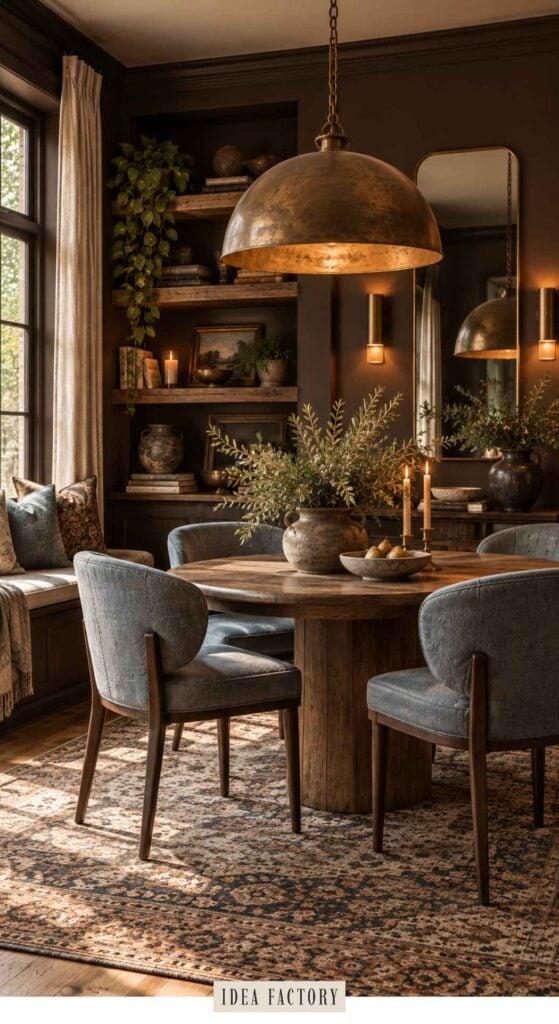 A dining area with a round wooden table, four blue upholstered chairs, and a metal pendant light, set against dark walls with built-in shelving.
