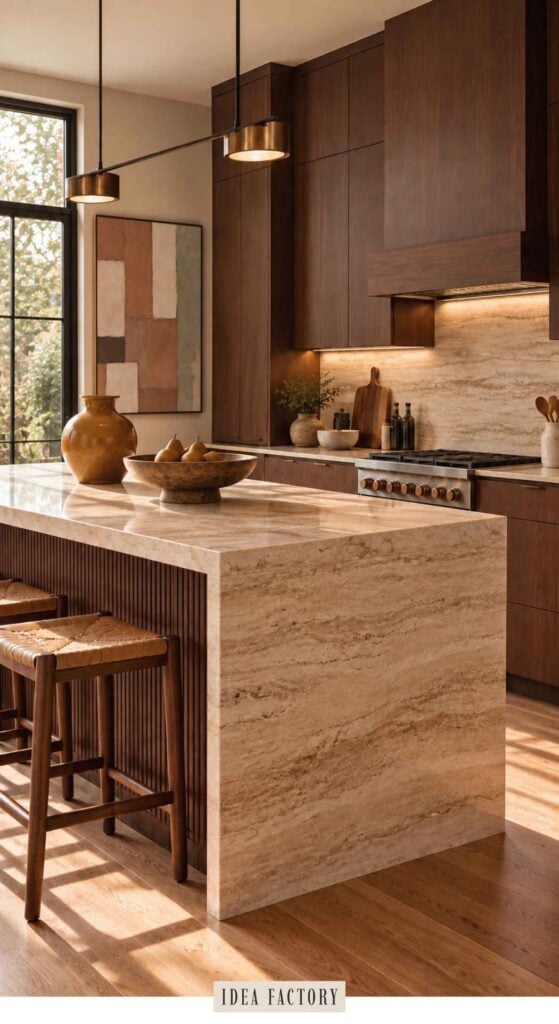 A modern kitchen featuring a large stone waterfall island with wooden stools and dark wood cabinetry.