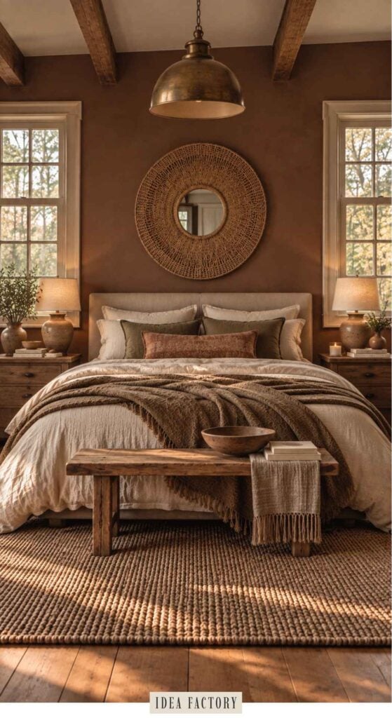 A cozy bedroom featuring a bed with layered brown bedding, a woven round mirror above the headboard, and a wooden bench at the foot of the bed.
