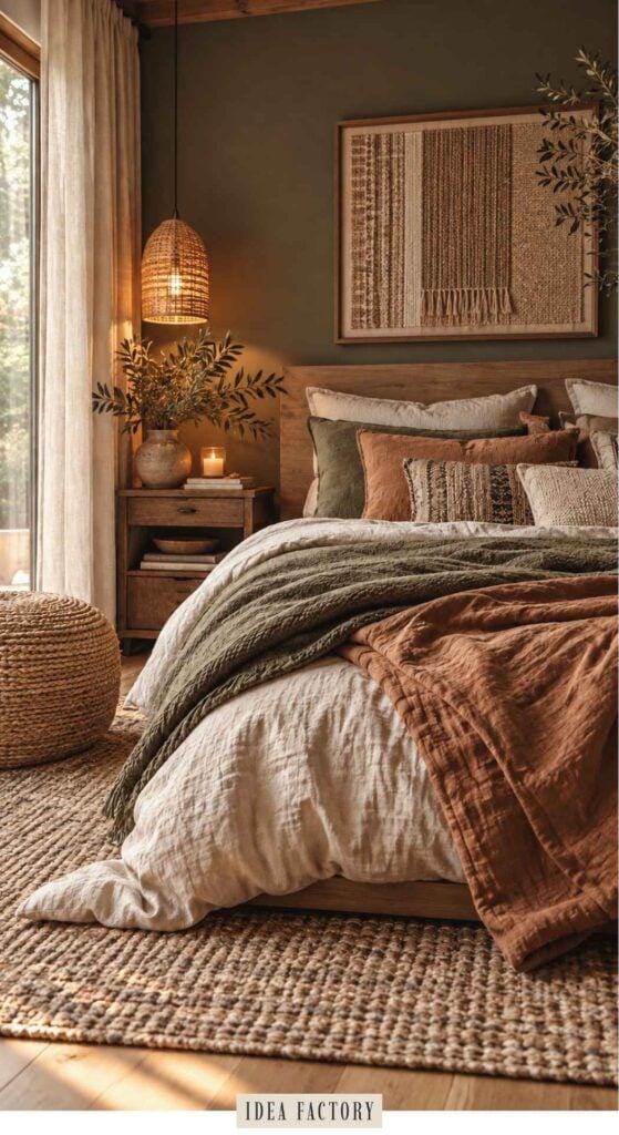 A bedroom featuring a bed layered with earth-toned bedding, a wooden headboard, a bedside table with a lamp, and a woven wall hanging.
