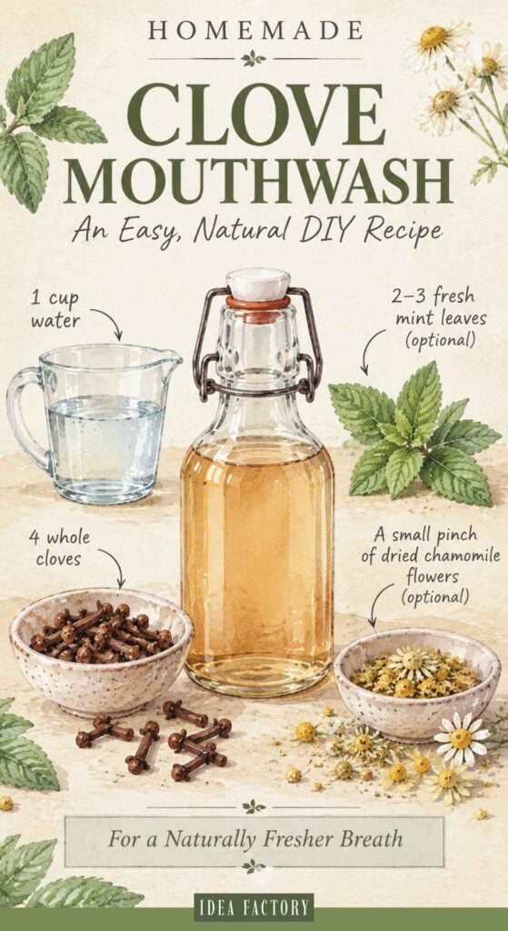 An illustrated recipe for DIY mouthwash featuring water, mint, cloves, and chamomile flowers surrounding a central glass bottle.