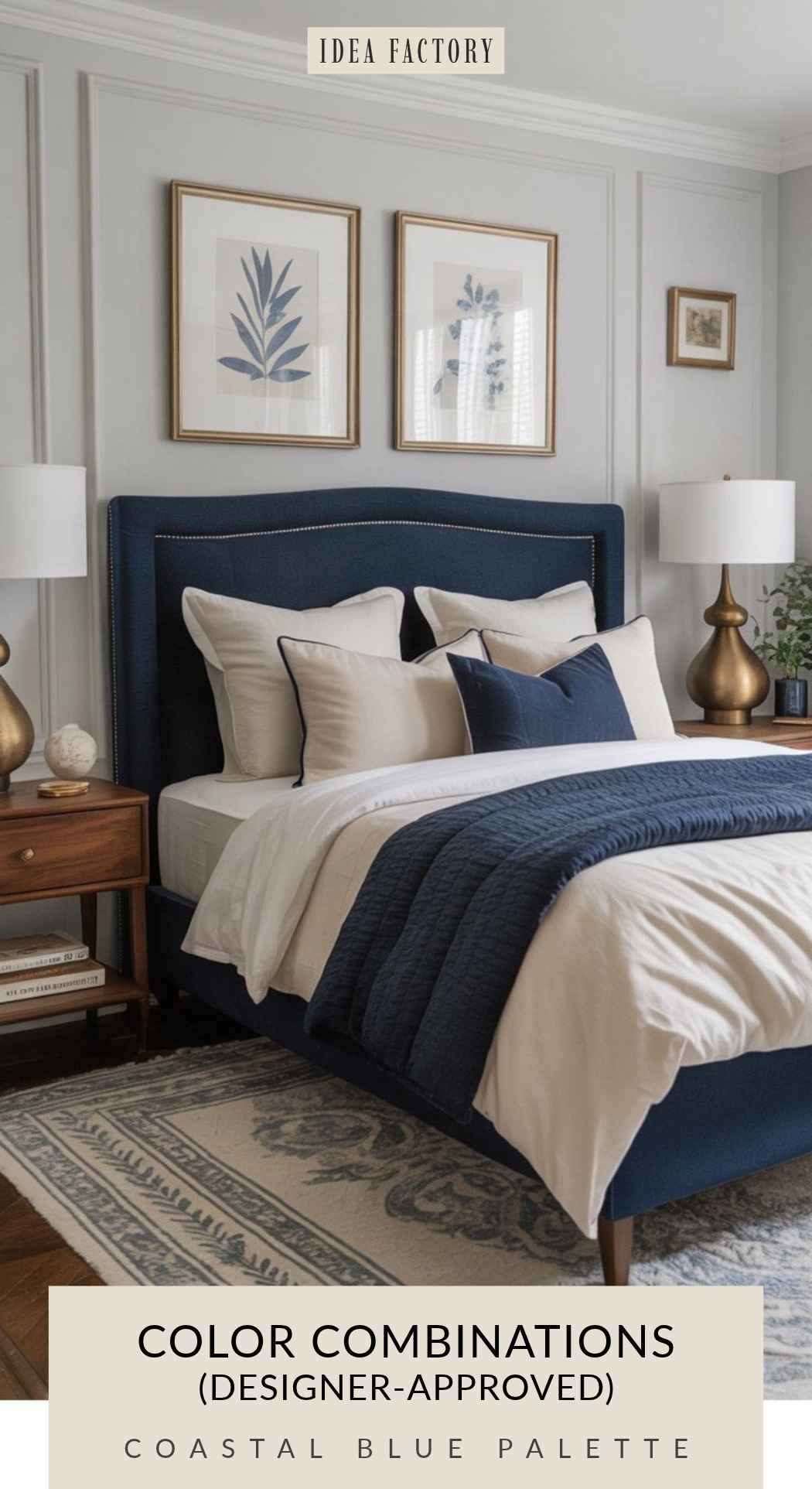 A navy blue upholstered bed with white bedding, framed botanical prints on the wall, and bedside lamps, with text reading Color combinations (designer-approved) coastal blue palette.