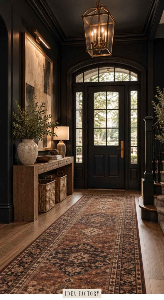 An entryway with dark walls, a patterned runner rug, a wooden console table with a lamp and vase, and a glass-paned front door.