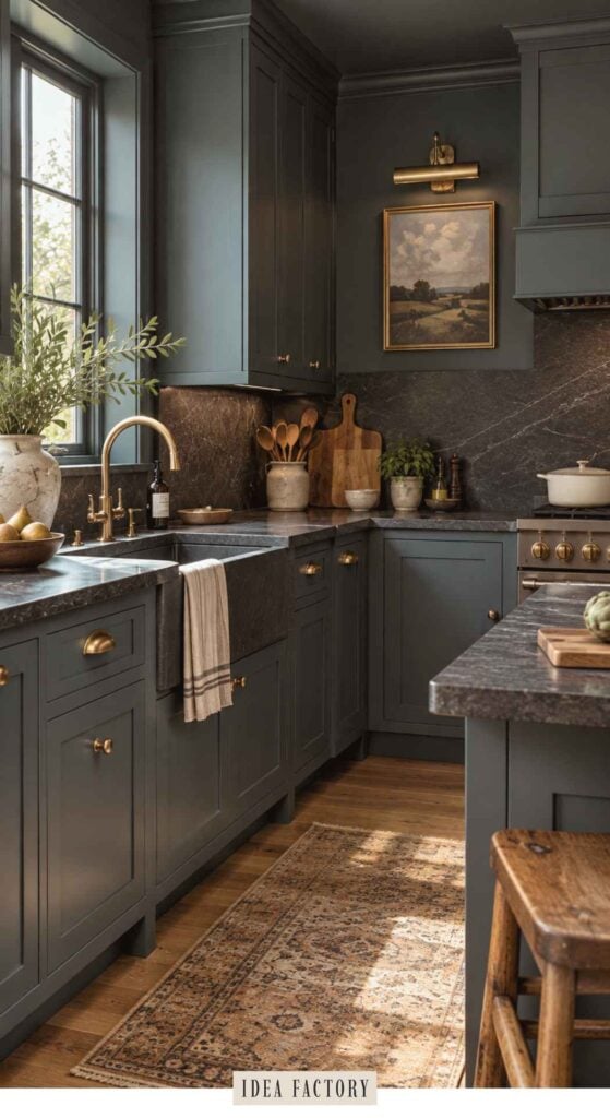 A kitchen showcasing dark gray cabinets, stone countertops, a farmhouse sink with a gold faucet, and a patterned rug on a wood floor, reflecting modern kitchen color trends.