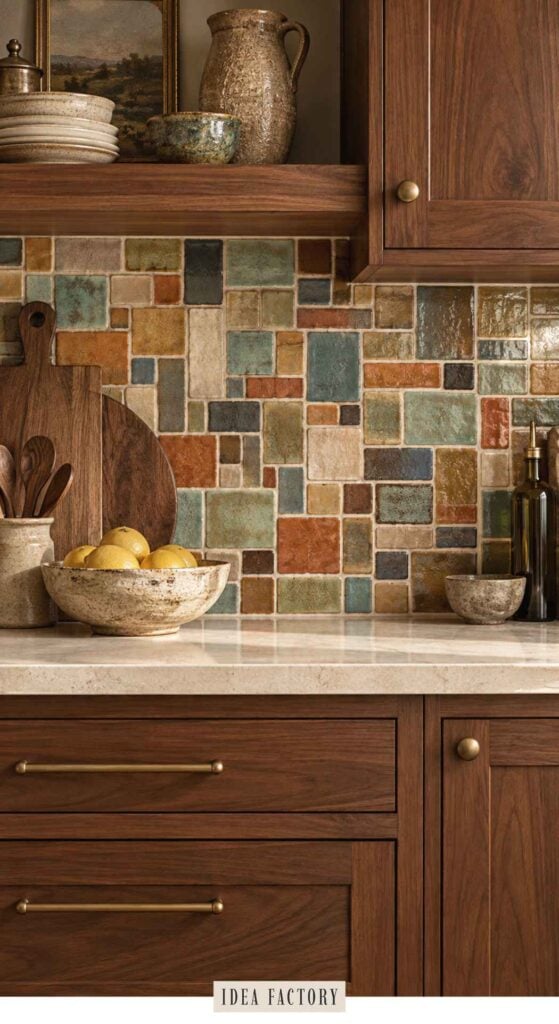 Kitchen counter with dark wood cabinets, a multicolored tile backsplash, and a bowl of lemons, highlighting modern kitchen color trends.
