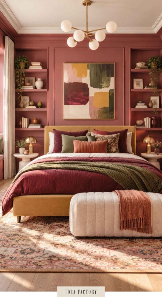 A bed with a yellow upholstered frame, burgundy bedding, and an olive green throw blanket, centered in a room with mauve built-in bookshelves and an abstract painting above the headboard.
