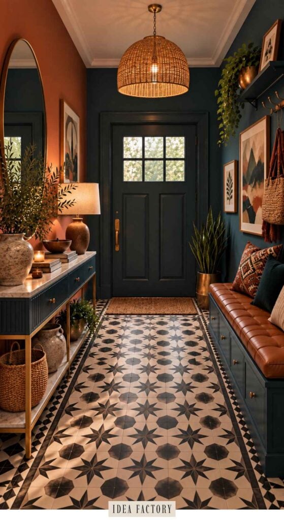 An entryway featuring a dark blue front door, patterned tile flooring, a marble-topped console table, and a brown leather storage bench under framed artwork.