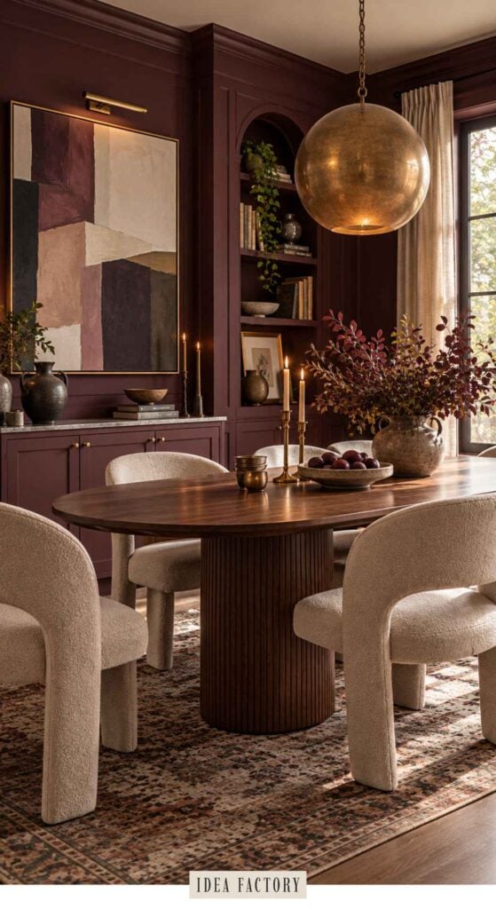 Dining room with a dark red paneled wall, an oval wood table with cream-colored curved chairs, and a large brass globe pendant light.
