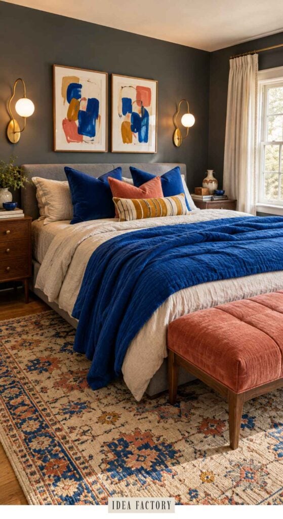 A bedroom featuring a grey bed with blue and orange accent pillows, a blue quilted throw, and a tufted orange bench at the foot of the bed.