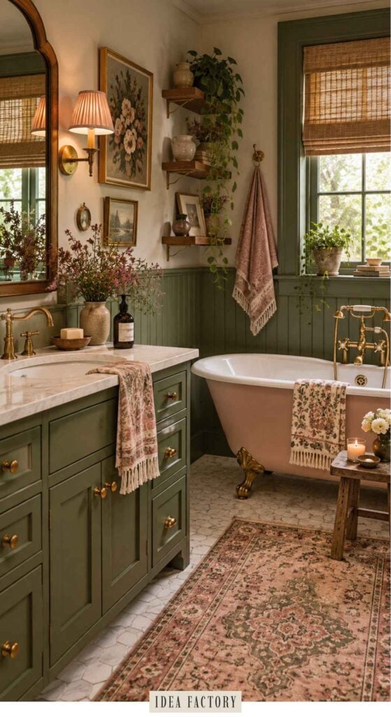 A bathroom with a green vanity, a pink clawfoot tub, and a vintage-style floral rug.