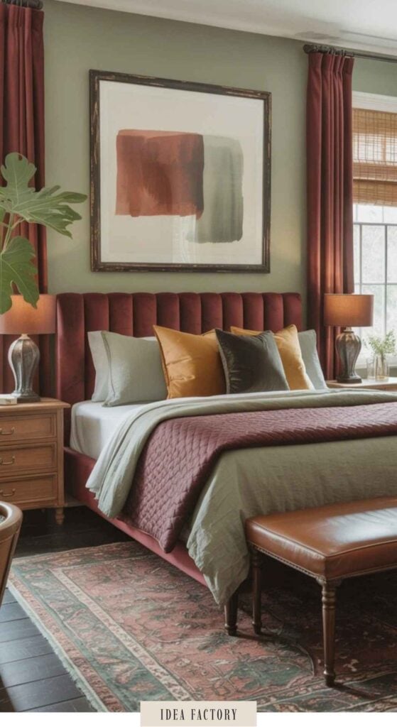 A bedroom featuring a velvet-tufted headboard in deep red, layered bedding in earth tones, and a large abstract painting on the wall.