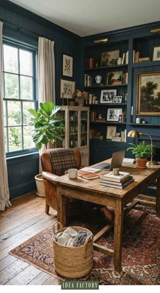 A small moody office with dark blue paneled walls, floor-to-ceiling bookshelves, a wooden desk with a laptop, and a leather armchair.