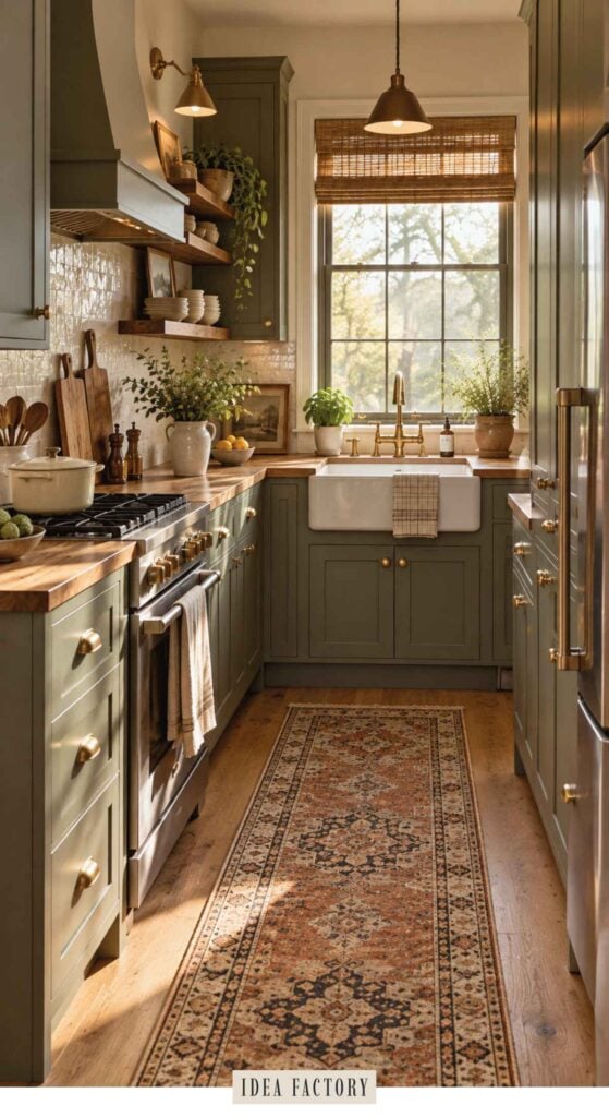 Galley kitchen featuring earthy kitchen ideas with olive green cabinets, a farmhouse sink under a window, wooden countertops, and a patterned runner rug on the floor.