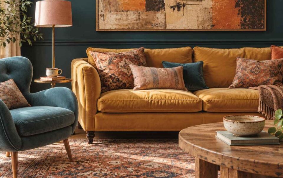 A mustard sofa in yellow velvet with patterned throw pillows sits in a living room next to a teal armchair and a round wooden coffee table.