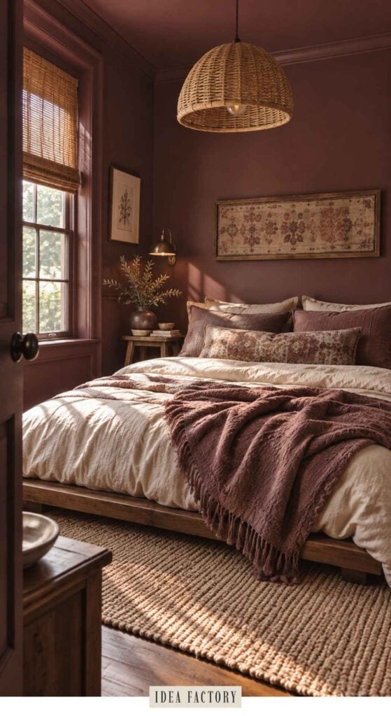 A bedroom with dark mauve walls, a low platform bed with a textured throw blanket, a woven pendant light, and a window with a bamboo shade.