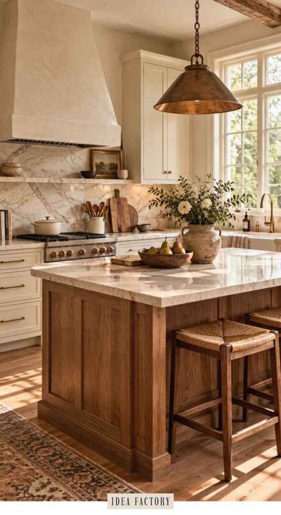 A rustic kitchen with a large marble-topped island, wooden stools, a bowl of pears, and a vase of flowers.