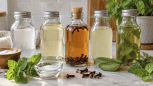Five glass bottles of DIY mouthwash filled with various liquids and botanicals, including cloves and herbs, arranged on a kitchen counter with bowls of salt and fresh mint.