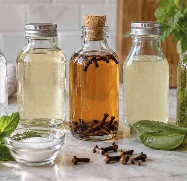Five glass bottles of DIY mouthwash filled with various liquids and botanicals, including cloves and herbs, arranged on a kitchen counter with bowls of salt and fresh mint.