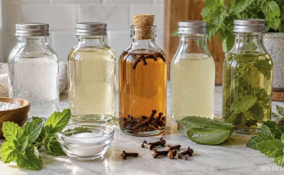 Five glass bottles of DIY mouthwash filled with various liquids and botanicals, including cloves and herbs, arranged on a kitchen counter with bowls of salt and fresh mint.