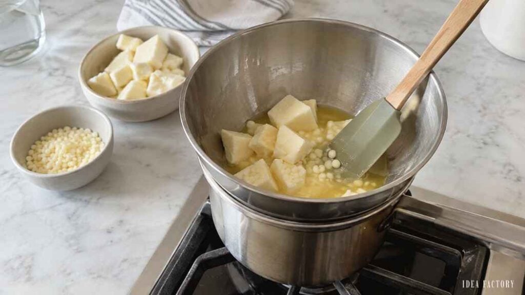 A rubber spatula stirs melting butter and white chocolate pieces in a metal bowl set over a saucepan of simmering water.