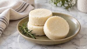 Three round white soap bars stacked on a green plate with a sprig of rosemary.