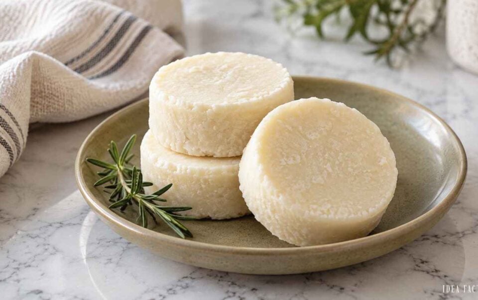 Three round white soap bars stacked on a green plate with a sprig of rosemary.