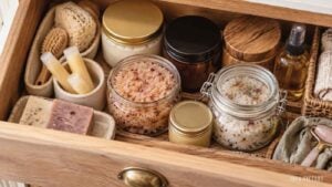 Open wooden drawer organized with various skincare products, including glass jars of bath salts and scrubs, small containers, soap bars, and a facial roller.