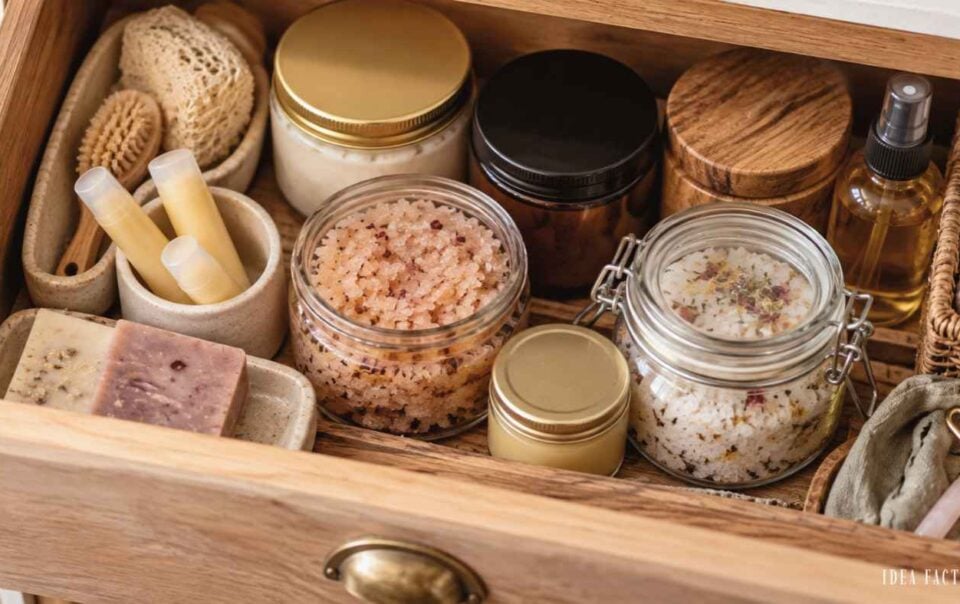 Open wooden drawer organized with various skincare products, including glass jars of bath salts and scrubs, small containers, soap bars, and a facial roller.