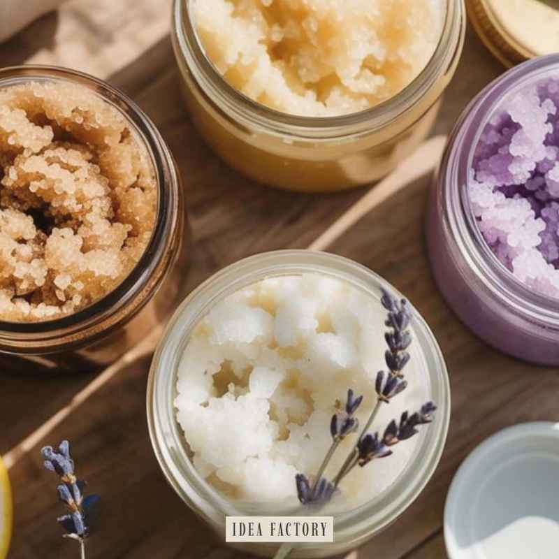Four open glass jars containing various colorful sugar scrubs, one topped with a sprig of dried lavender, with an IDEA FACTORY logo at the bottom.