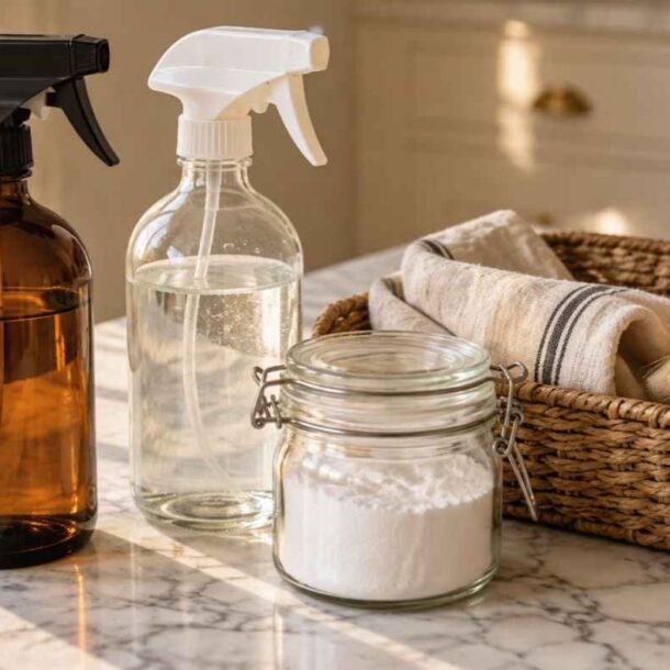Two glass spray bottles, a jar of white powder, and a scrub brush for DIY cleaning products in a wicker basket on a marble countertop.