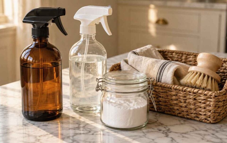 Two glass spray bottles, a jar of white powder, and a scrub brush for DIY cleaning products in a wicker basket on a marble countertop.
