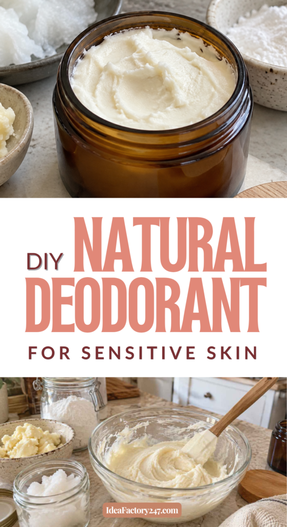 A glass jar of DIY natural deodorant cream for sensitive skin, with ingredients in bowls and a mixture being stirred in a glass bowl.