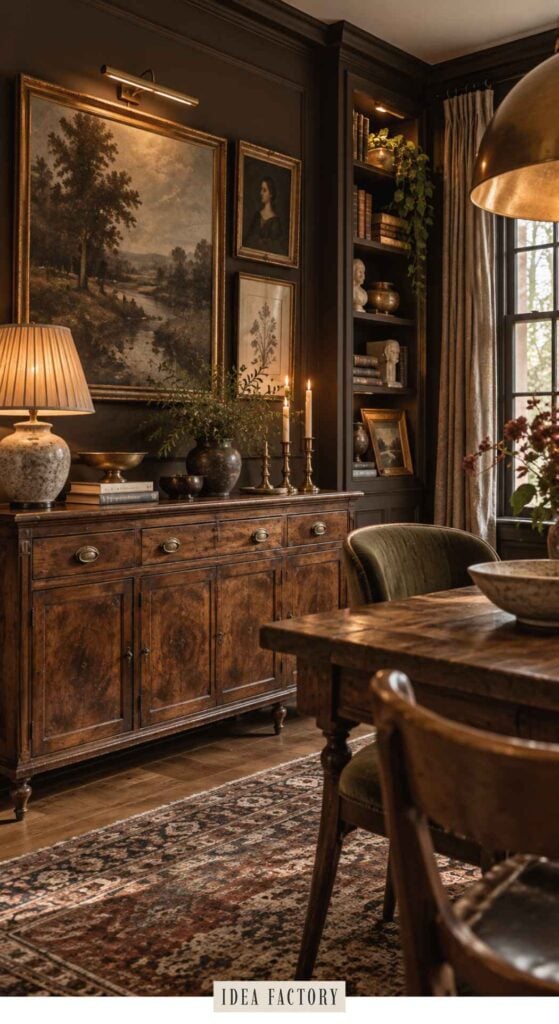 A wooden sideboard topped with a lamp, a landscape painting, and candles, set in a dining room with dark walls and built-in shelving.