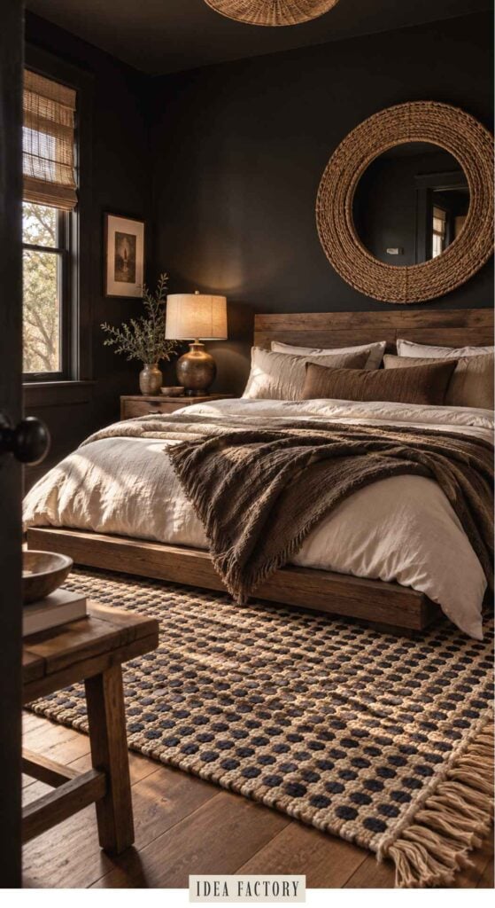 A bedroom with a low wooden bed, a large round woven mirror on a dark wall, and a patterned rug on the floor.