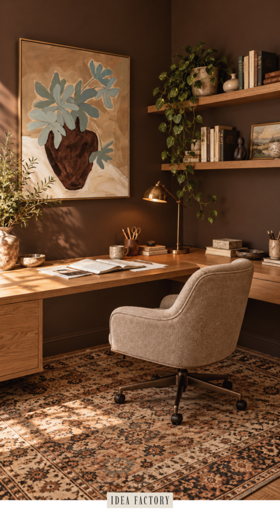 A small moody office with a desk, open book, and lamp set against a brown wall. Floating shelves hold books and plants above a patterned rug, while a painting of a vase completes the space.