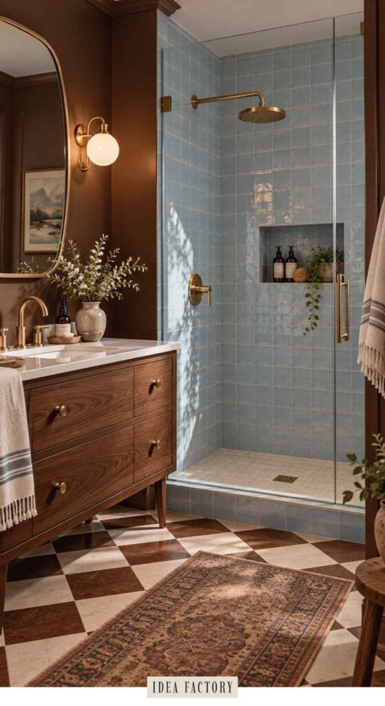 Bathroom featuring a wood vanity with a marble countertop, a glass-enclosed shower with light blue tiles and gold fixtures, and a brown and white checkered floor.