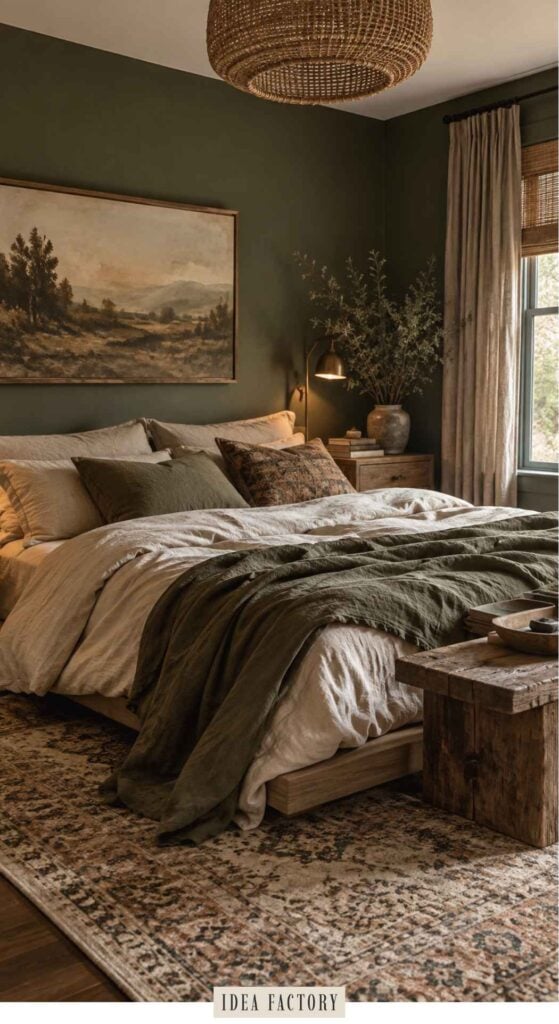 A bedroom with olive green walls, a bed featuring a light-colored duvet and a dark green throw blanket, a landscape painting, and a rustic wooden bench at the foot of the bed.