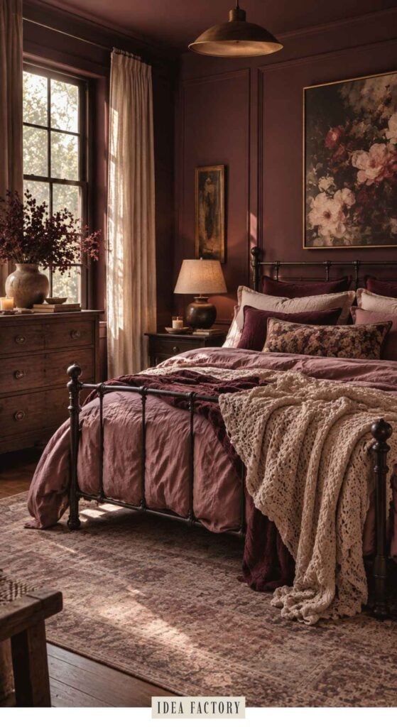 A cozy bedroom with dark mauve walls, a metal bed frame with layered bedding, a wooden dresser, and a large floral painting.