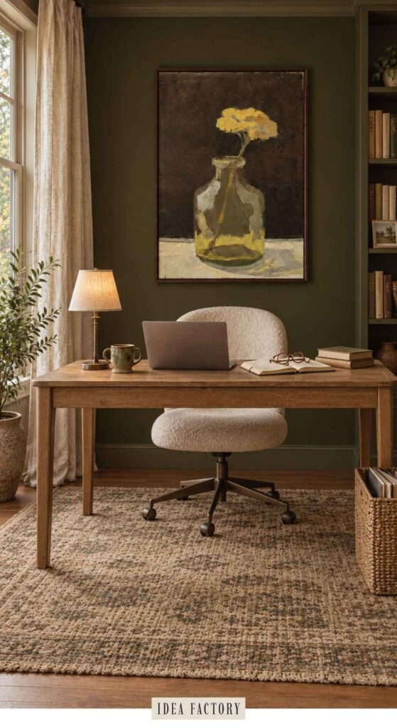 A home office workspace featuring a wooden desk, a textured cream swivel chair, a laptop, and a framed painting of a yellow flower in a glass vase on a dark green wall.