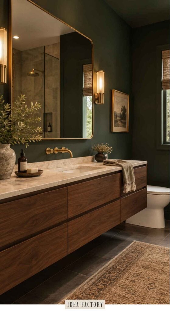 A modern bathroom with a wooden vanity, marble countertop, wall-mounted faucet, and a large gold-framed mirror against a dark green wall.