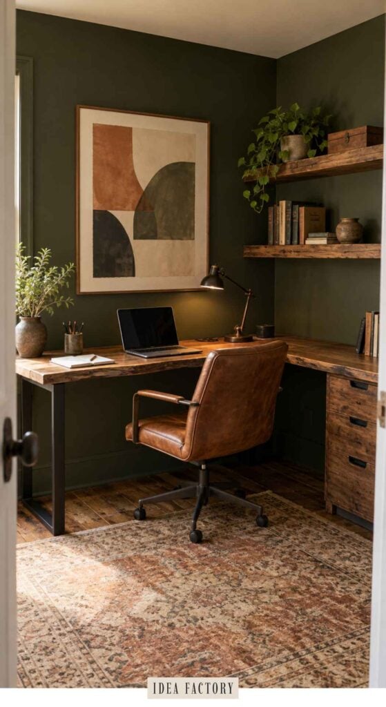 A home office with a dark green wall, an L-shaped wooden desk, a brown leather chair, and wall-mounted wooden shelves.