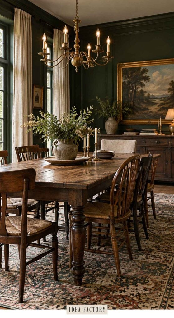 A rustic wood dining table with spindle-back chairs sits on a patterned rug in a room with dark green walls, a brass chandelier, and a landscape painting above a sideboard.