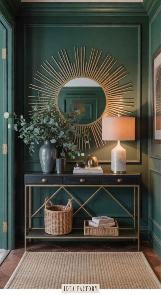 A console table against a dark green wall, showcasing dark entryway ideas with a sunburst mirror, a vase of greenery, a lamp, books, and woven baskets on the bottom shelf.
