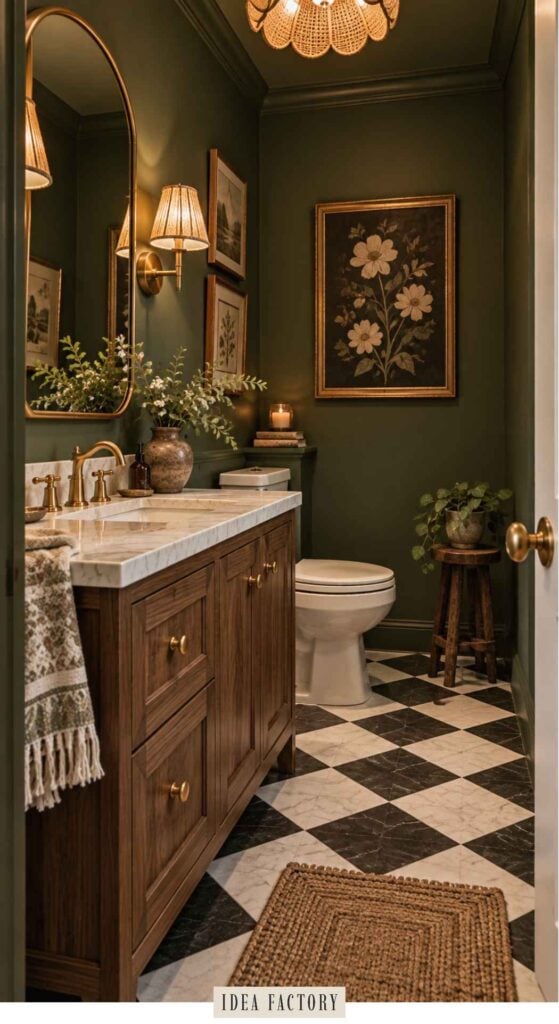 Bathroom with dark green walls, a wooden vanity with a marble countertop, and black and white checkered tile flooring.