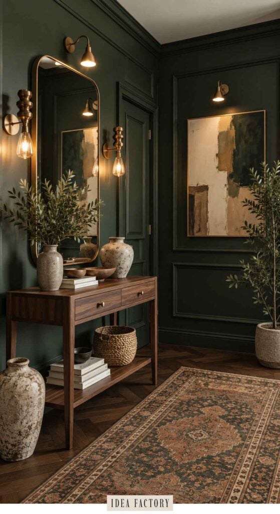 A wood console table with vases and books stands against a dark green paneled wall in an entryway, accented by a tall mirror, wall sconces, a framed abstract painting, and an ornate rug.