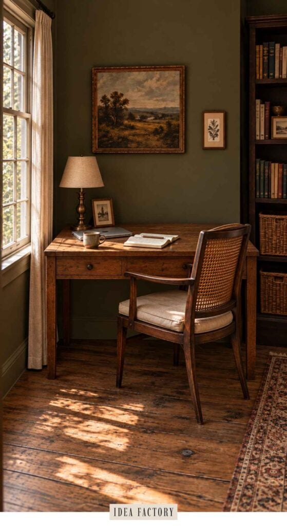 A wooden desk with an open book, a laptop, a mug, and a lamp, paired with a cane-back chair in a room with a window and bookshelves.