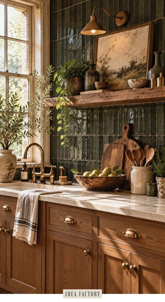A bowl of pears sits on a marble countertop with a brass faucet and wood cabinets, showcasing earthy kitchen ideas against dark green vertical tiles.